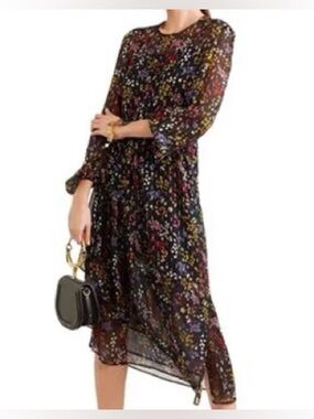 NWT See By Chloe Black Multicolor Floral Semi-Sheer Midi Dress Lined